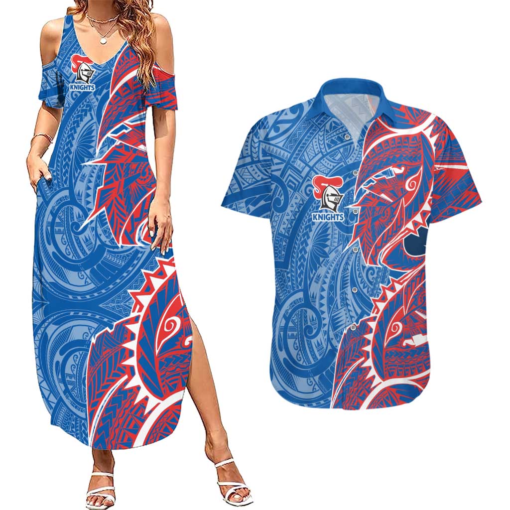 Newcastle Knights Couples Matching Summer Maxi Dress and Hawaiian Shirt Polynesian Tribal Tattoo Pacific Sport Art
