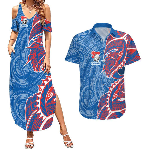 Newcastle Knights Couples Matching Summer Maxi Dress and Hawaiian Shirt Polynesian Tribal Tattoo Pacific Sport Art
