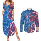 Newcastle Knights Couples Matching Summer Maxi Dress and Long Sleeve Button Shirt Polynesian Tribal Tattoo Pacific Sport Art
