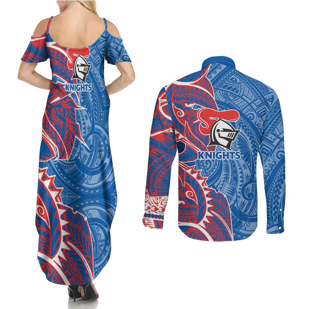 Newcastle Knights Couples Matching Summer Maxi Dress and Long Sleeve Button Shirt Polynesian Tribal Tattoo Pacific Sport Art