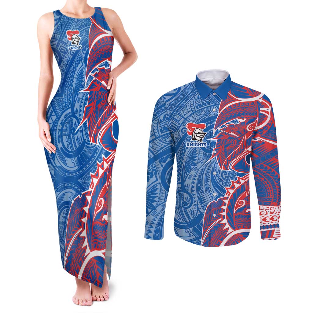 Newcastle Knights Couples Matching Tank Maxi Dress and Long Sleeve Button Shirt Polynesian Tribal Tattoo Pacific Sport Art