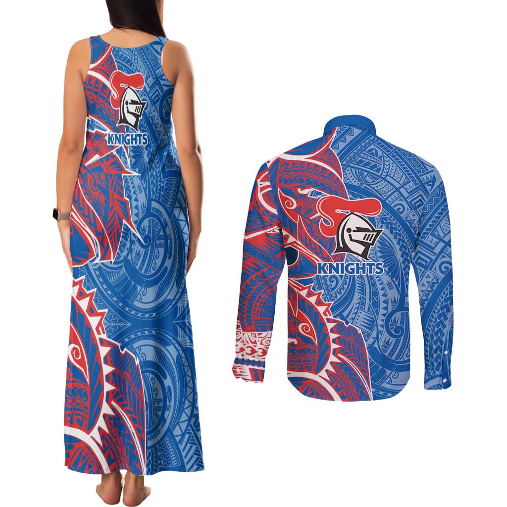 Newcastle Knights Couples Matching Tank Maxi Dress and Long Sleeve Button Shirt Polynesian Tribal Tattoo Pacific Sport Art
