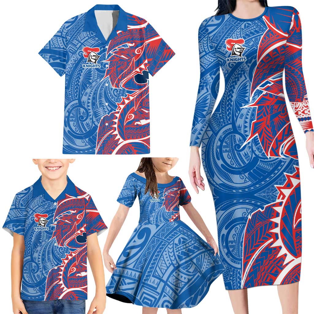 Newcastle Knights Family Matching Long Sleeve Bodycon Dress and Hawaiian Shirt Polynesian Tribal Tattoo Pacific Sport Art
