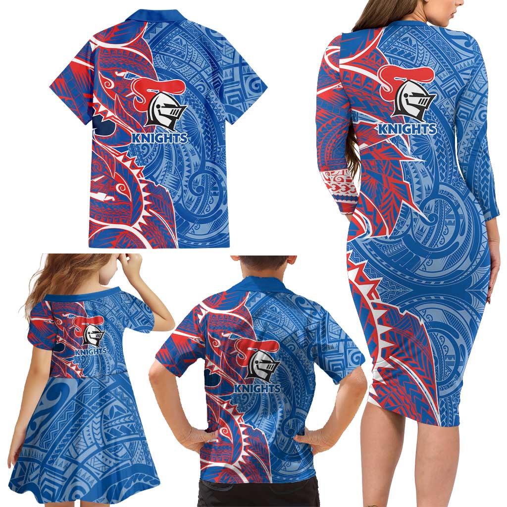 Newcastle Knights Family Matching Long Sleeve Bodycon Dress and Hawaiian Shirt Polynesian Tribal Tattoo Pacific Sport Art