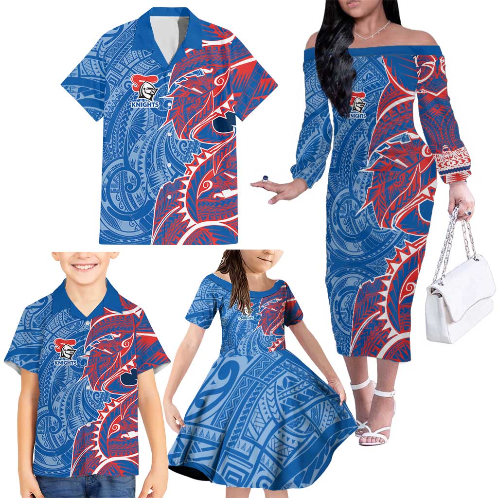 Newcastle Knights Family Matching Off The Shoulder Long Sleeve Dress and Hawaiian Shirt Polynesian Tribal Tattoo Pacific Sport Art