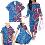 Newcastle Knights Family Matching Off The Shoulder Long Sleeve Dress and Hawaiian Shirt Polynesian Tribal Tattoo Pacific Sport Art