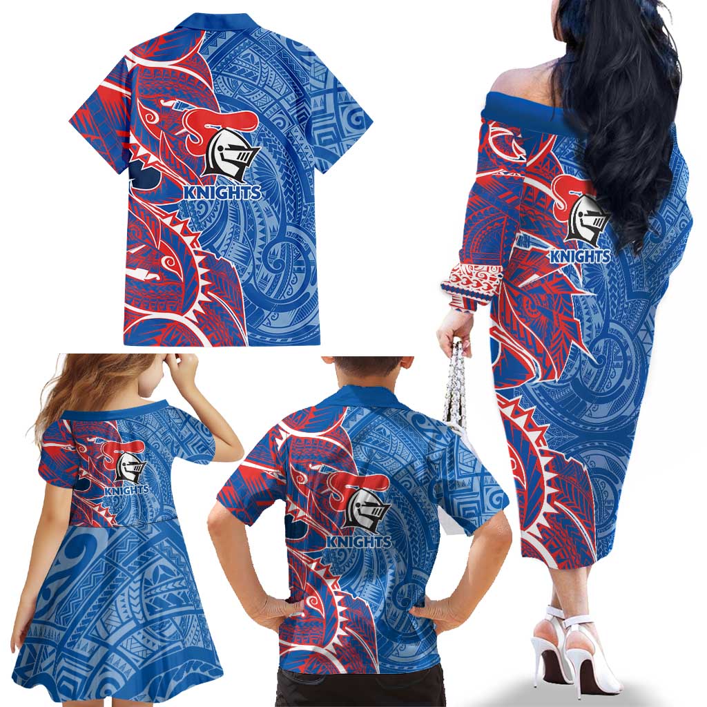 Newcastle Knights Family Matching Off The Shoulder Long Sleeve Dress and Hawaiian Shirt Polynesian Tribal Tattoo Pacific Sport Art