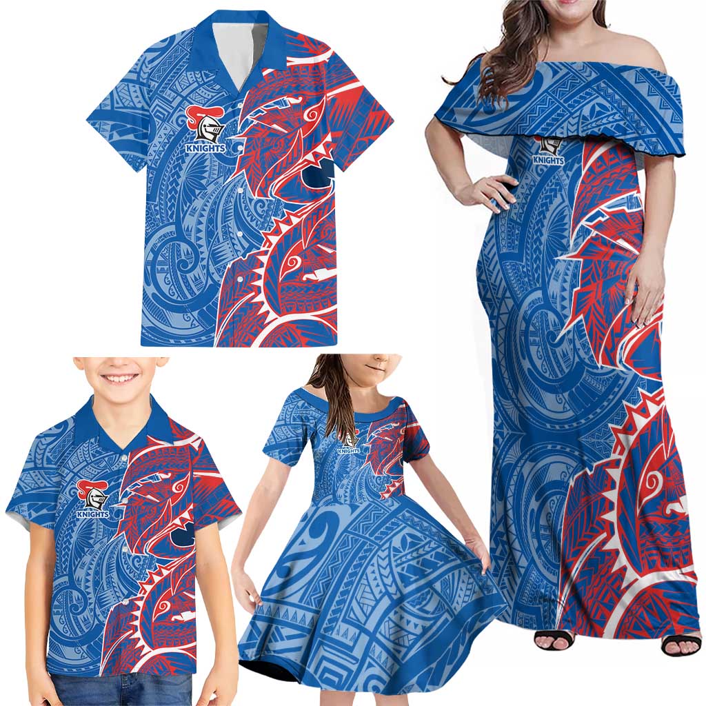 Newcastle Knights Family Matching Off Shoulder Maxi Dress and Hawaiian Shirt Polynesian Tribal Tattoo Pacific Sport Art