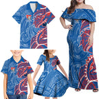 Newcastle Knights Family Matching Off Shoulder Maxi Dress and Hawaiian Shirt Polynesian Tribal Tattoo Pacific Sport Art