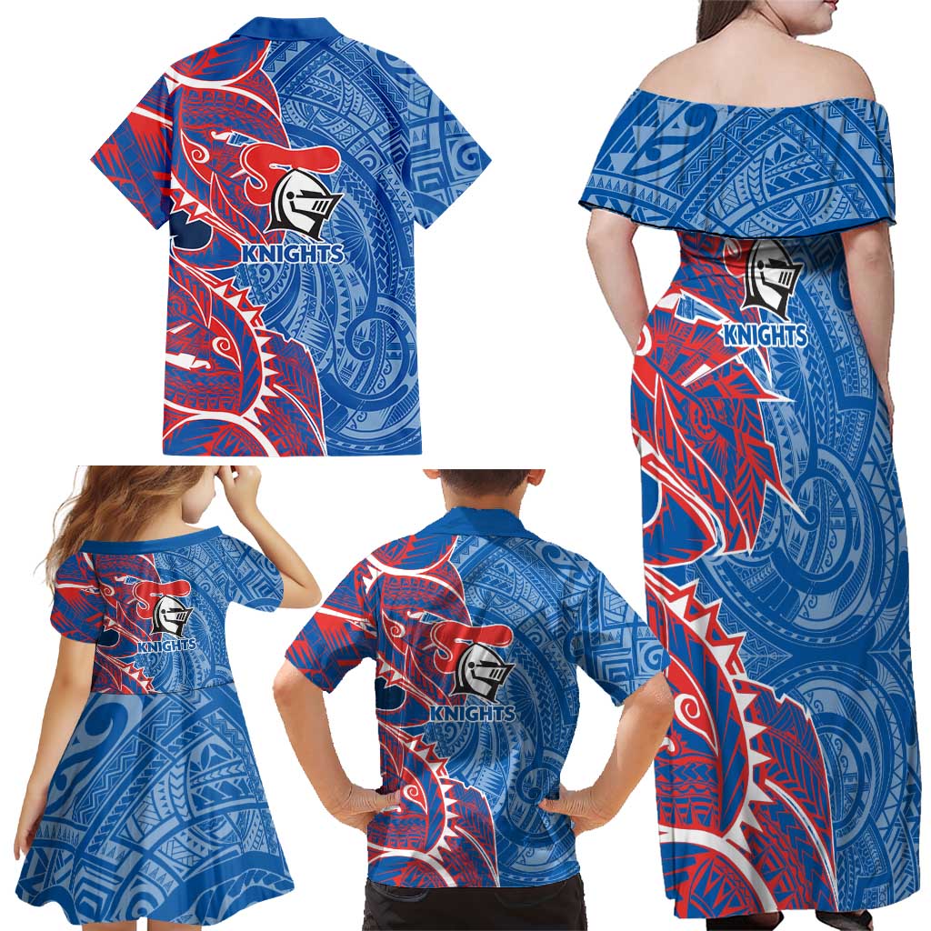 Newcastle Knights Family Matching Off Shoulder Maxi Dress and Hawaiian Shirt Polynesian Tribal Tattoo Pacific Sport Art