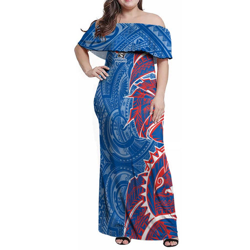 Newcastle Knights Family Matching Off Shoulder Maxi Dress and Hawaiian Shirt Polynesian Tribal Tattoo Pacific Sport Art