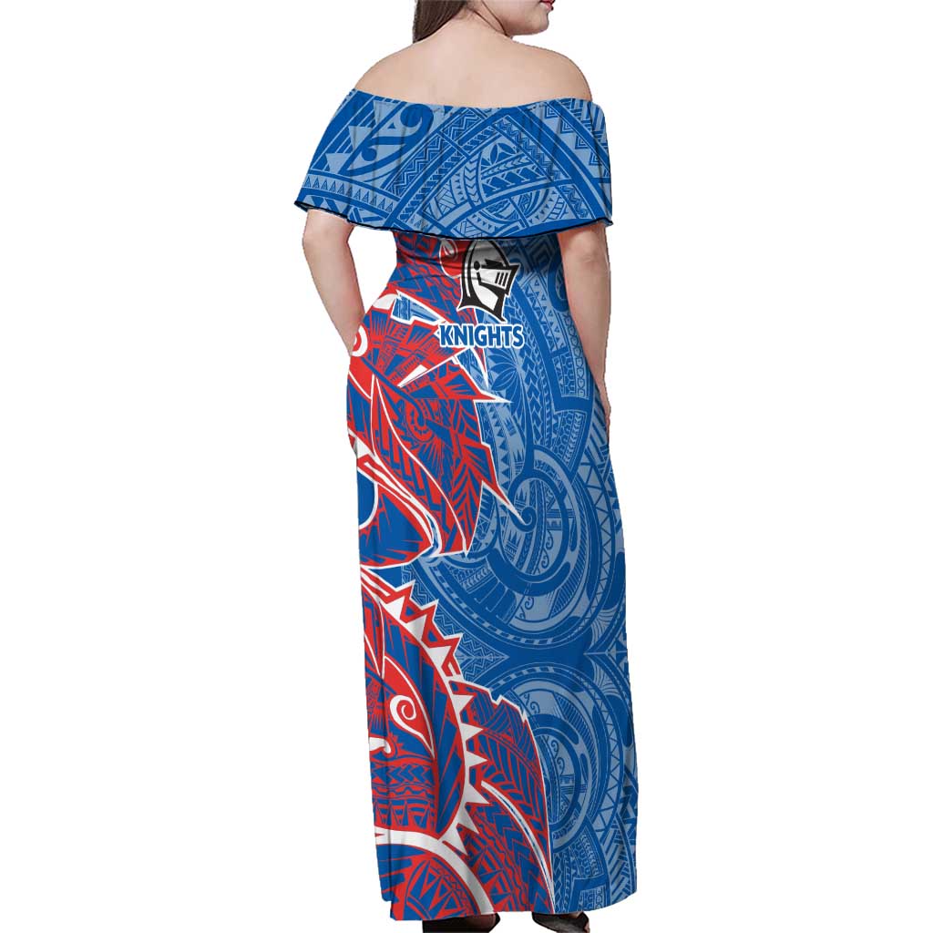 Newcastle Knights Family Matching Off Shoulder Maxi Dress and Hawaiian Shirt Polynesian Tribal Tattoo Pacific Sport Art