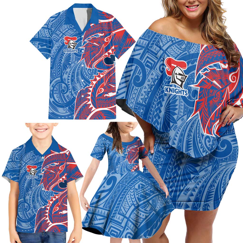 Newcastle Knights Family Matching Off Shoulder Short Dress and Hawaiian Shirt Polynesian Tribal Tattoo Pacific Sport Art