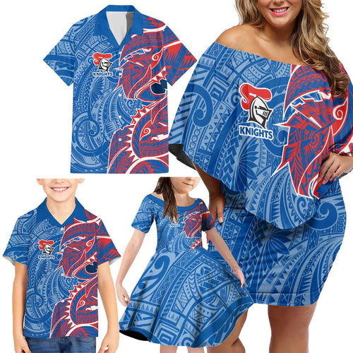 Newcastle Knights Family Matching Off Shoulder Short Dress and Hawaiian Shirt Polynesian Tribal Tattoo Pacific Sport Art