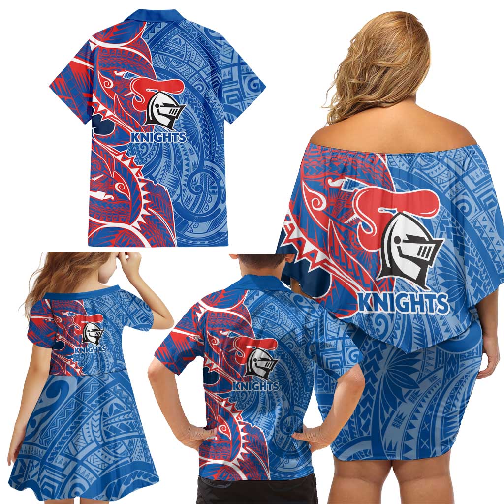 Newcastle Knights Family Matching Off Shoulder Short Dress and Hawaiian Shirt Polynesian Tribal Tattoo Pacific Sport Art