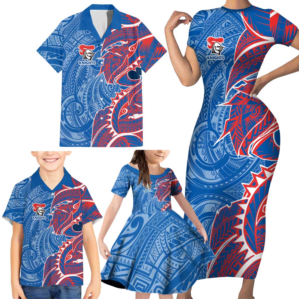 Newcastle Knights Family Matching Short Sleeve Bodycon Dress and Hawaiian Shirt Polynesian Tribal Tattoo Pacific Sport Art