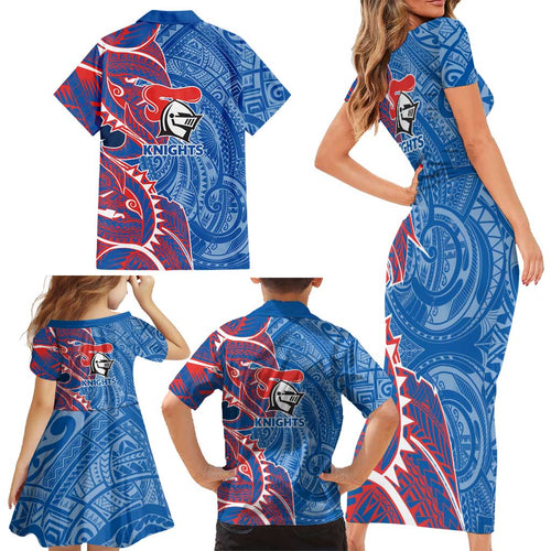 Newcastle Knights Family Matching Short Sleeve Bodycon Dress and Hawaiian Shirt Polynesian Tribal Tattoo Pacific Sport Art