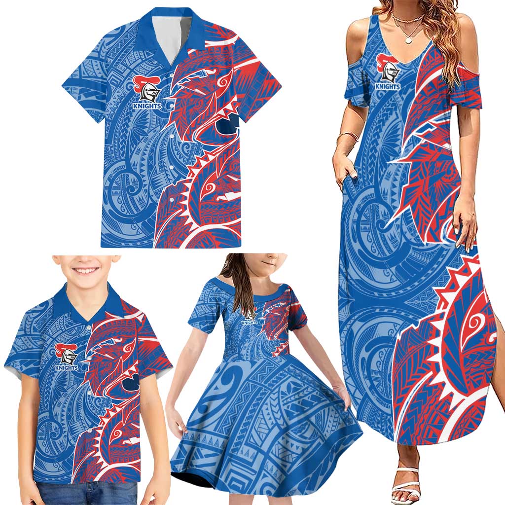 Newcastle Knights Family Matching Summer Maxi Dress and Hawaiian Shirt Polynesian Tribal Tattoo Pacific Sport Art