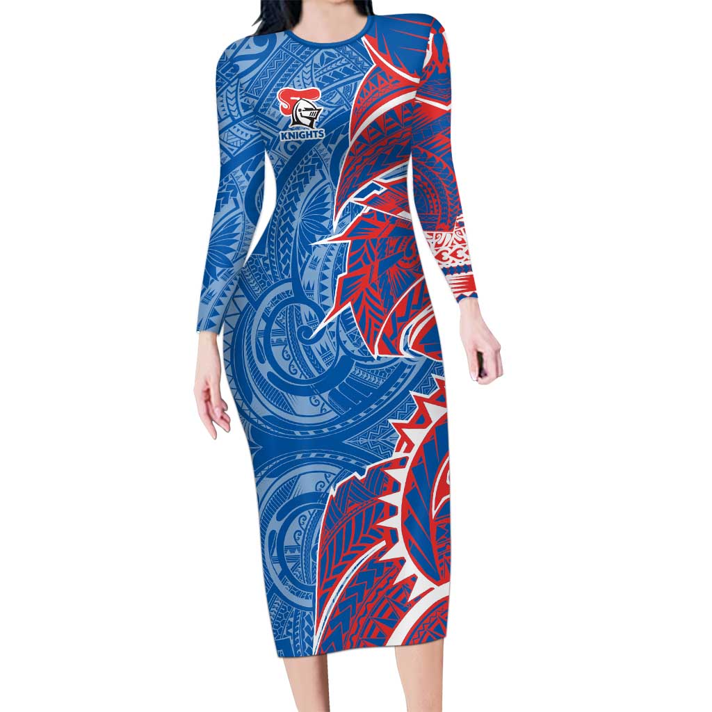 Newcastle Knights Long Sleeve Bodycon Dress Polynesian Tribal Tattoo Pacific Sport Art
