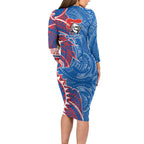 Newcastle Knights Long Sleeve Bodycon Dress Polynesian Tribal Tattoo Pacific Sport Art