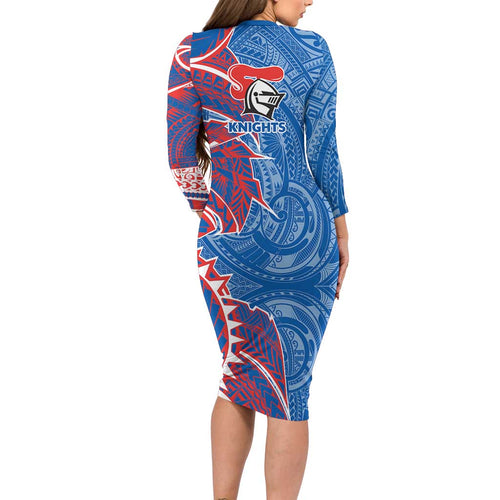 Newcastle Knights Long Sleeve Bodycon Dress Polynesian Tribal Tattoo Pacific Sport Art