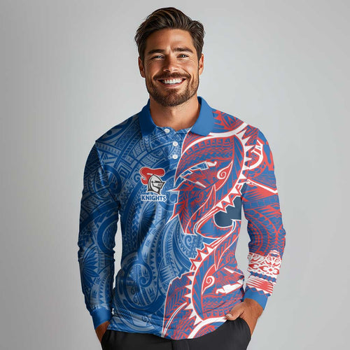 Newcastle Knights Long Sleeve Polo Shirt Polynesian Tribal Tattoo Pacific Sport Art