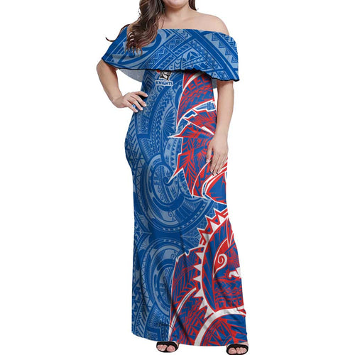Newcastle Knights Off Shoulder Maxi Dress Polynesian Tribal Tattoo Pacific Sport Art