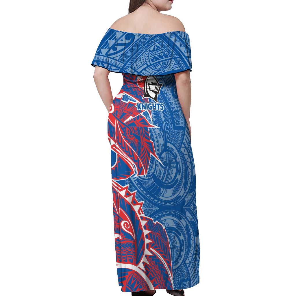 Newcastle Knights Off Shoulder Maxi Dress Polynesian Tribal Tattoo Pacific Sport Art