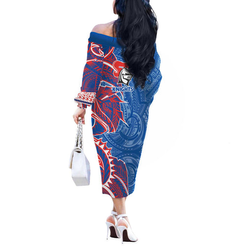 Newcastle Knights Off The Shoulder Long Sleeve Dress Polynesian Tribal Tattoo Pacific Sport Art