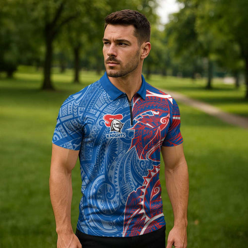 Newcastle Knights Zipper Polo Shirt Polynesian Tribal Tattoo Pacific Sport Art