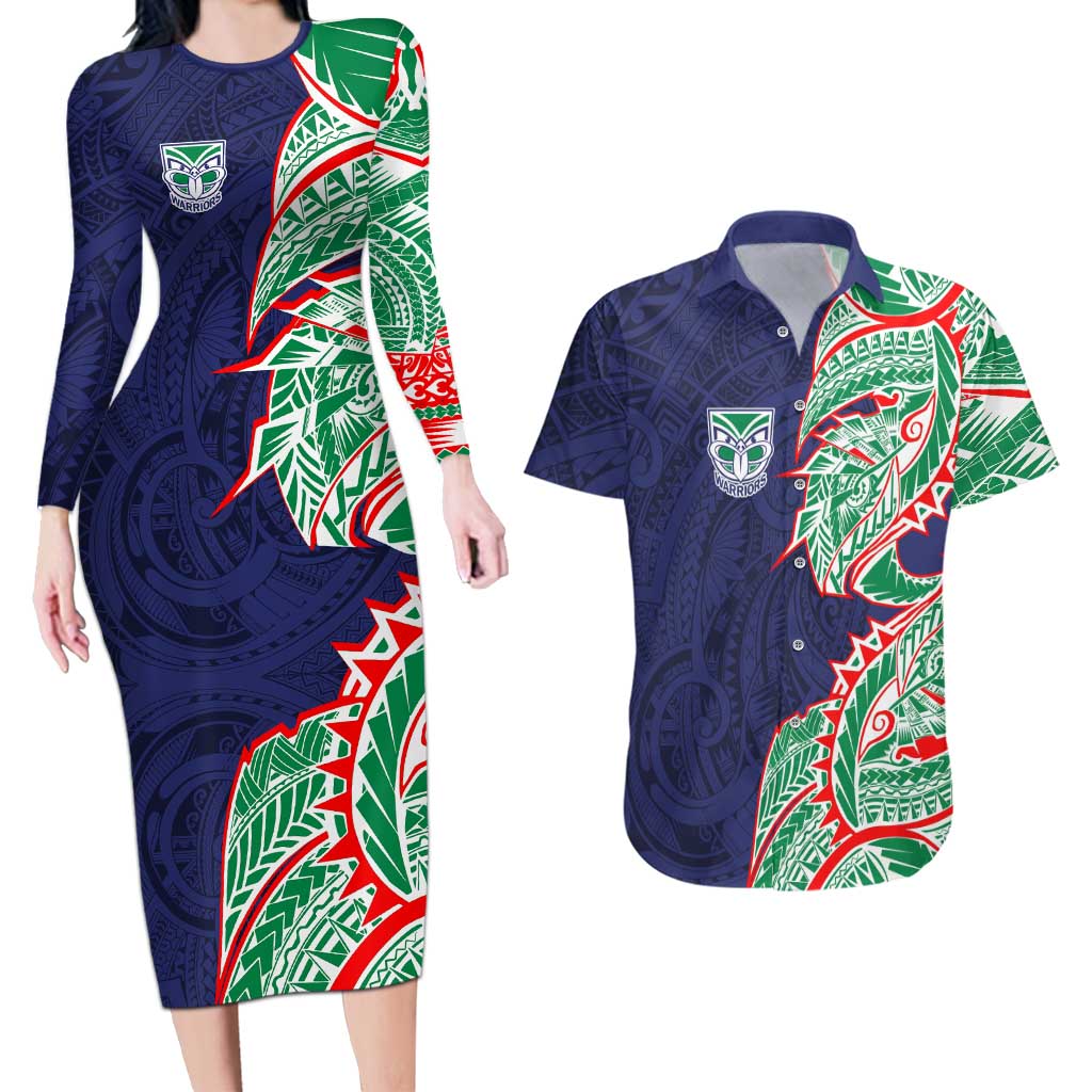 New Zealand Warriors Couples Matching Long Sleeve Bodycon Dress and Hawaiian Shirt Polynesian Tribal Tattoo Pacific Sport Art