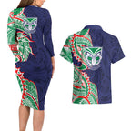 New Zealand Warriors Couples Matching Long Sleeve Bodycon Dress and Hawaiian Shirt Polynesian Tribal Tattoo Pacific Sport Art