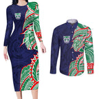 New Zealand Warriors Couples Matching Long Sleeve Bodycon Dress and Long Sleeve Button Shirt Polynesian Tribal Tattoo Pacific Sport Art