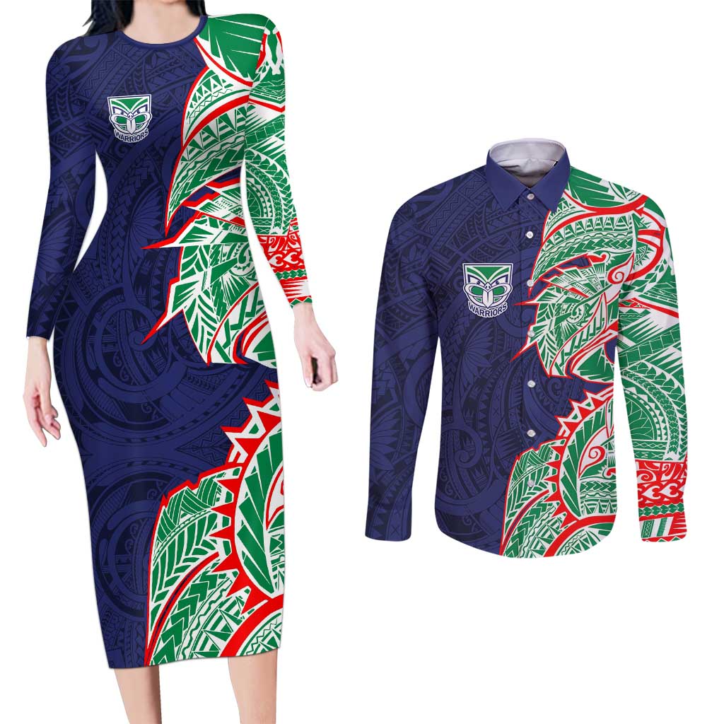 New Zealand Warriors Couples Matching Long Sleeve Bodycon Dress and Long Sleeve Button Shirt Polynesian Tribal Tattoo Pacific Sport Art