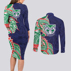 New Zealand Warriors Couples Matching Long Sleeve Bodycon Dress and Long Sleeve Button Shirt Polynesian Tribal Tattoo Pacific Sport Art