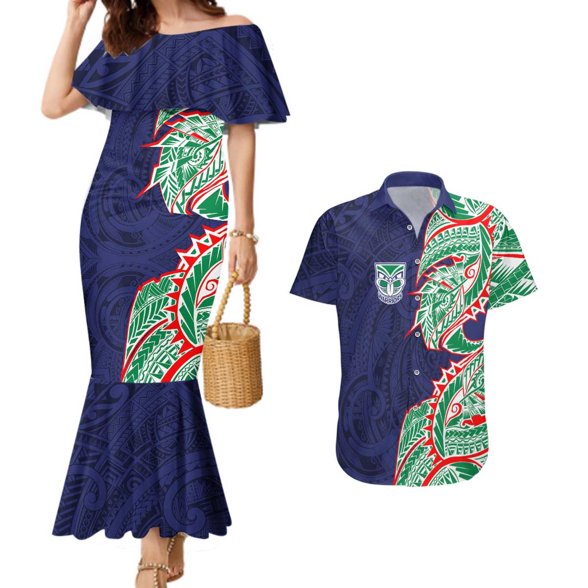 New Zealand Warriors Couples Matching Mermaid Dress and Hawaiian Shirt Polynesian Tribal Tattoo Pacific Sport Art