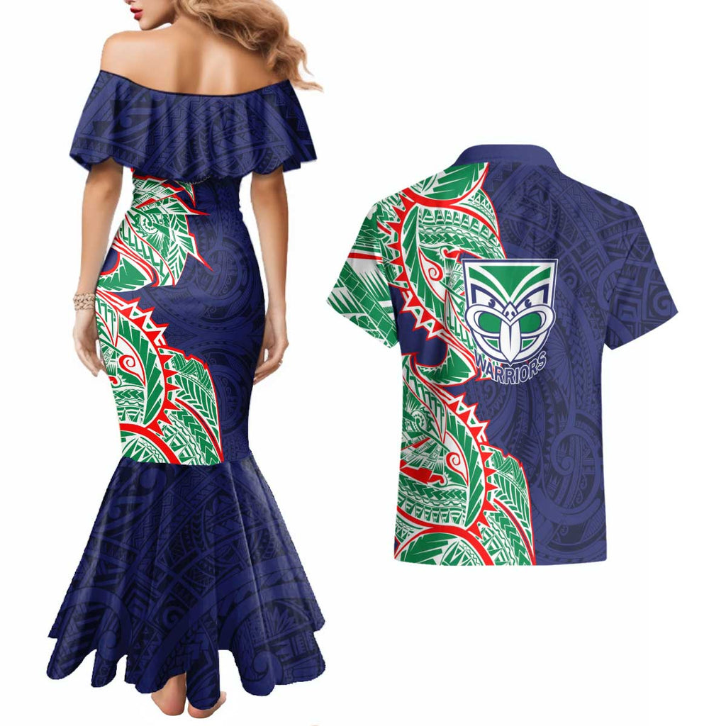 New Zealand Warriors Couples Matching Mermaid Dress and Hawaiian Shirt Polynesian Tribal Tattoo Pacific Sport Art