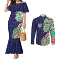 New Zealand Warriors Couples Matching Mermaid Dress and Long Sleeve Button Shirt Polynesian Tribal Tattoo Pacific Sport Art