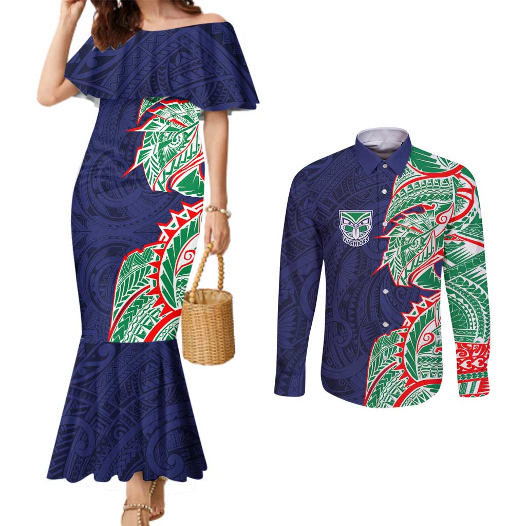 New Zealand Warriors Couples Matching Mermaid Dress and Long Sleeve Button Shirt Polynesian Tribal Tattoo Pacific Sport Art