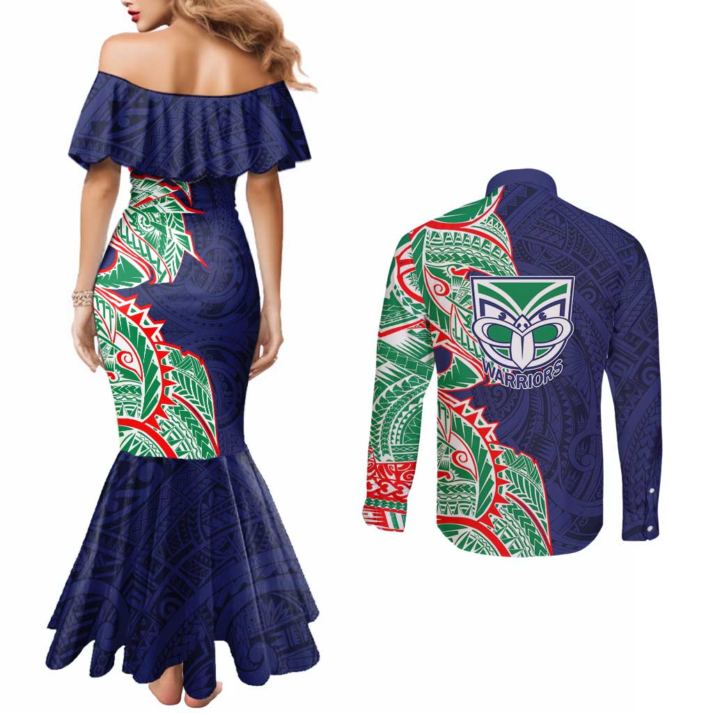 New Zealand Warriors Couples Matching Mermaid Dress and Long Sleeve Button Shirt Polynesian Tribal Tattoo Pacific Sport Art