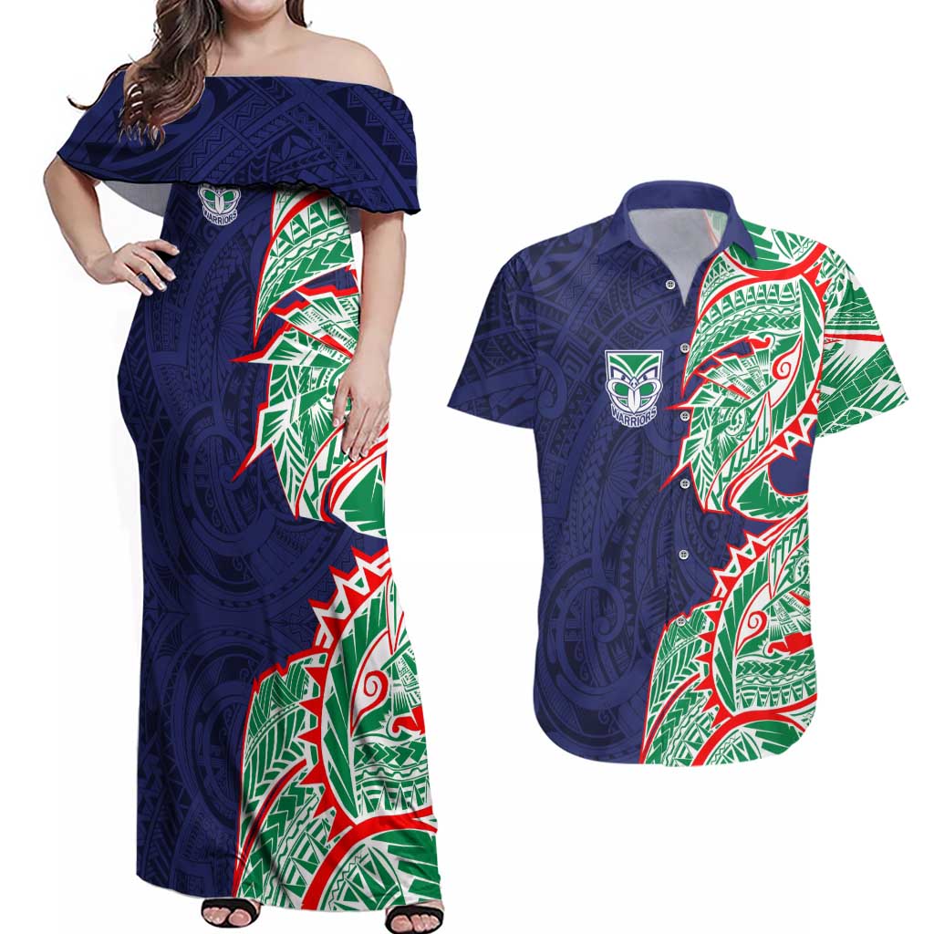 New Zealand Warriors Couples Matching Off Shoulder Maxi Dress and Hawaiian Shirt Polynesian Tribal Tattoo Pacific Sport Art
