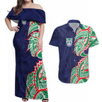 New Zealand Warriors Couples Matching Off Shoulder Maxi Dress and Hawaiian Shirt Polynesian Tribal Tattoo Pacific Sport Art