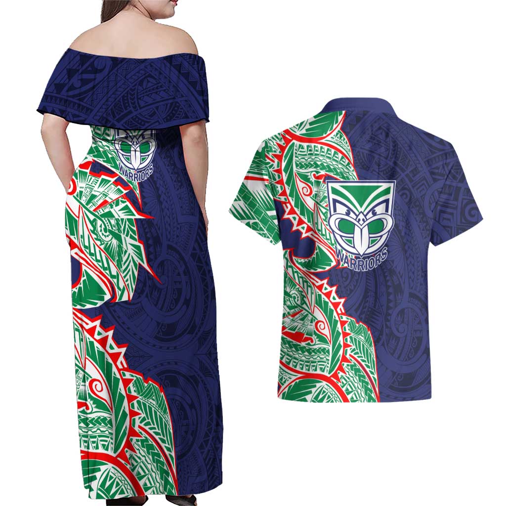 New Zealand Warriors Couples Matching Off Shoulder Maxi Dress and Hawaiian Shirt Polynesian Tribal Tattoo Pacific Sport Art