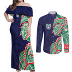 New Zealand Warriors Couples Matching Off Shoulder Maxi Dress and Long Sleeve Button Shirt Polynesian Tribal Tattoo Pacific Sport Art