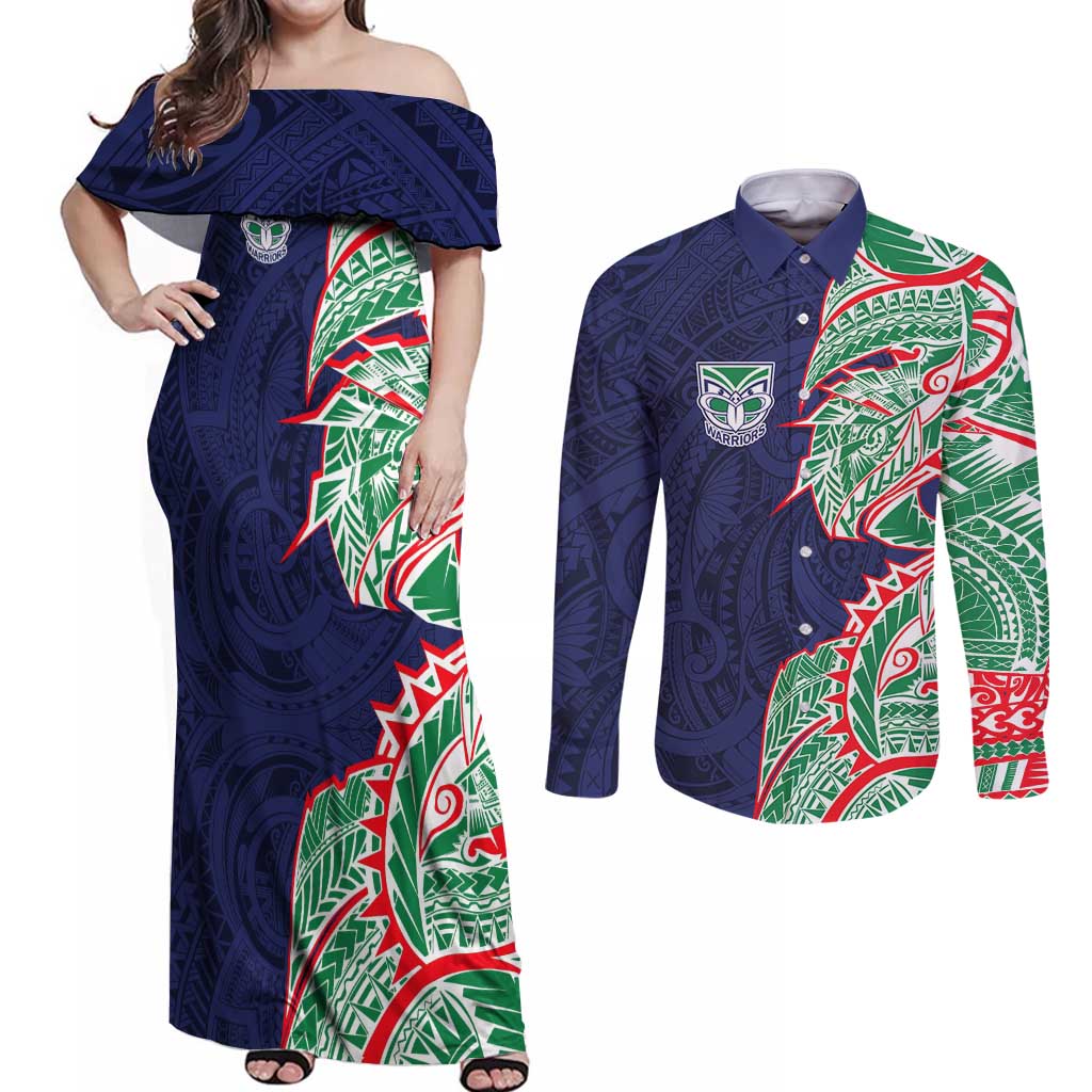 New Zealand Warriors Couples Matching Off Shoulder Maxi Dress and Long Sleeve Button Shirt Polynesian Tribal Tattoo Pacific Sport Art