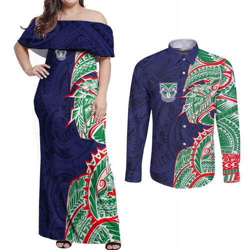 New Zealand Warriors Couples Matching Off Shoulder Maxi Dress and Long Sleeve Button Shirt Polynesian Tribal Tattoo Pacific Sport Art