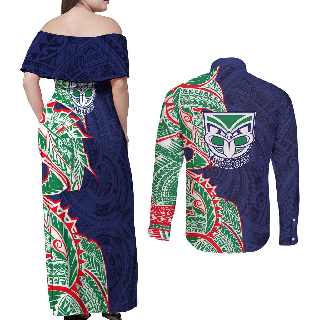 New Zealand Warriors Couples Matching Off Shoulder Maxi Dress and Long Sleeve Button Shirt Polynesian Tribal Tattoo Pacific Sport Art