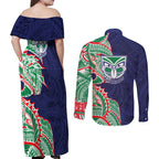 New Zealand Warriors Couples Matching Off Shoulder Maxi Dress and Long Sleeve Button Shirt Polynesian Tribal Tattoo Pacific Sport Art