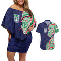 New Zealand Warriors Couples Matching Off Shoulder Short Dress and Hawaiian Shirt Polynesian Tribal Tattoo Pacific Sport Art
