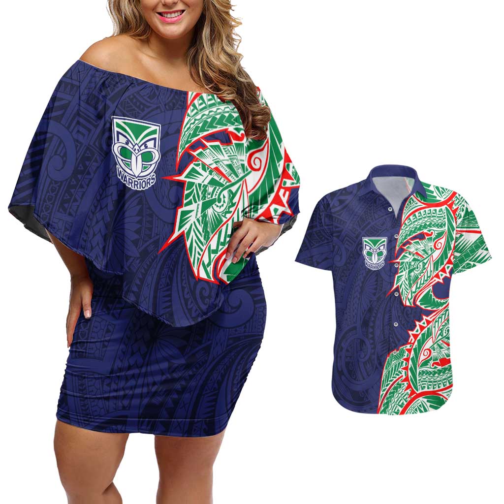 New Zealand Warriors Couples Matching Off Shoulder Short Dress and Hawaiian Shirt Polynesian Tribal Tattoo Pacific Sport Art